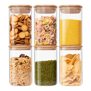 Pot à épices carré en verre moderne le plus vendu avec couvercle en bambou, récipient de stockage alimentaire pour la cuisine domestique et les fêtes - Product Image 1