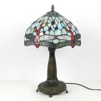 Lampe de table en verre teinté à motif libellule LongHuiJing avec base en bronze, lumière LED multicolore douce et chaude pour le salon
