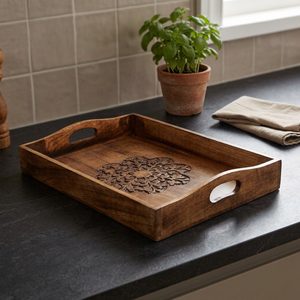 Handmade Decorative Wooden Serving <b>Tray</b> <b>Large</b> Rectangular with Handles & Decorative Floral Carving - Product Image 3