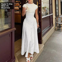 Robe longue vintage à pois pour femme, manches courtes, taille ajustée, coupe trapèze, élégante, pour le bureau et les trajets quotidiens – En stock, vente en gros