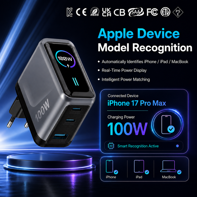 KYT 100w Gan Pd Fast Usb Type c Phone Charger Chargeur with Ai Smart Display