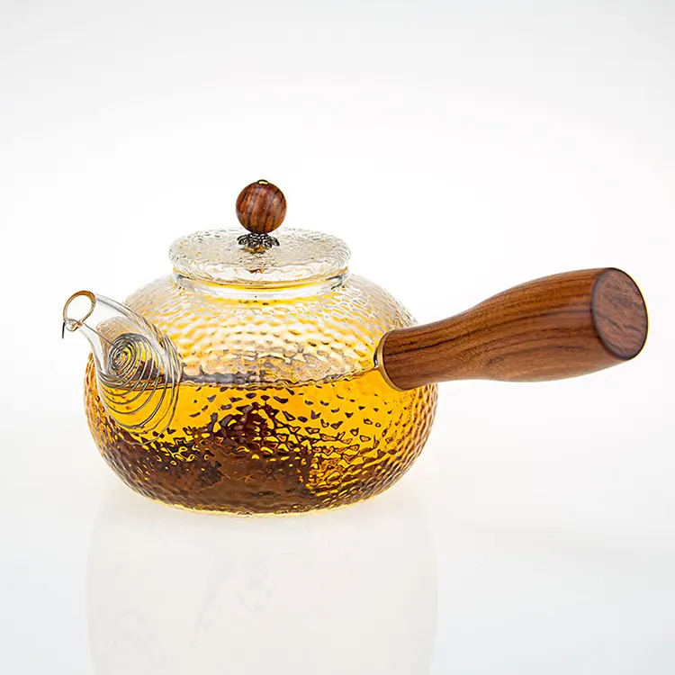 Vendita diretta in fabbrica teiere cinesi in vetro antico con manico in legno