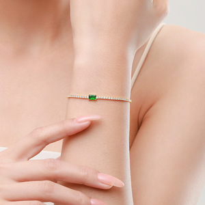 S925 silver Minimalist 22k Gold Plated Chain <b>Bracelet</b> With Emerald Cut Green Stone And Diamond Accents For Women Everyday Wear - Product Image 4