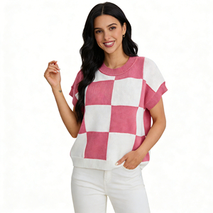 Chic Checkerboard Knit <strong>Top</strong>, Short Sleeve Crew Neck Sweater, Loose Fit Casual Blouse, Women's <strong>Checkered</strong> Knit <strong>Top</strong> - Product Image 2