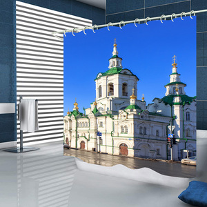 Ensemble de rideaux de douche en polyester à imprimé église de style européen avec 12 crochets, imperméable, décoration de salle de bain, design classique - Product Image 1