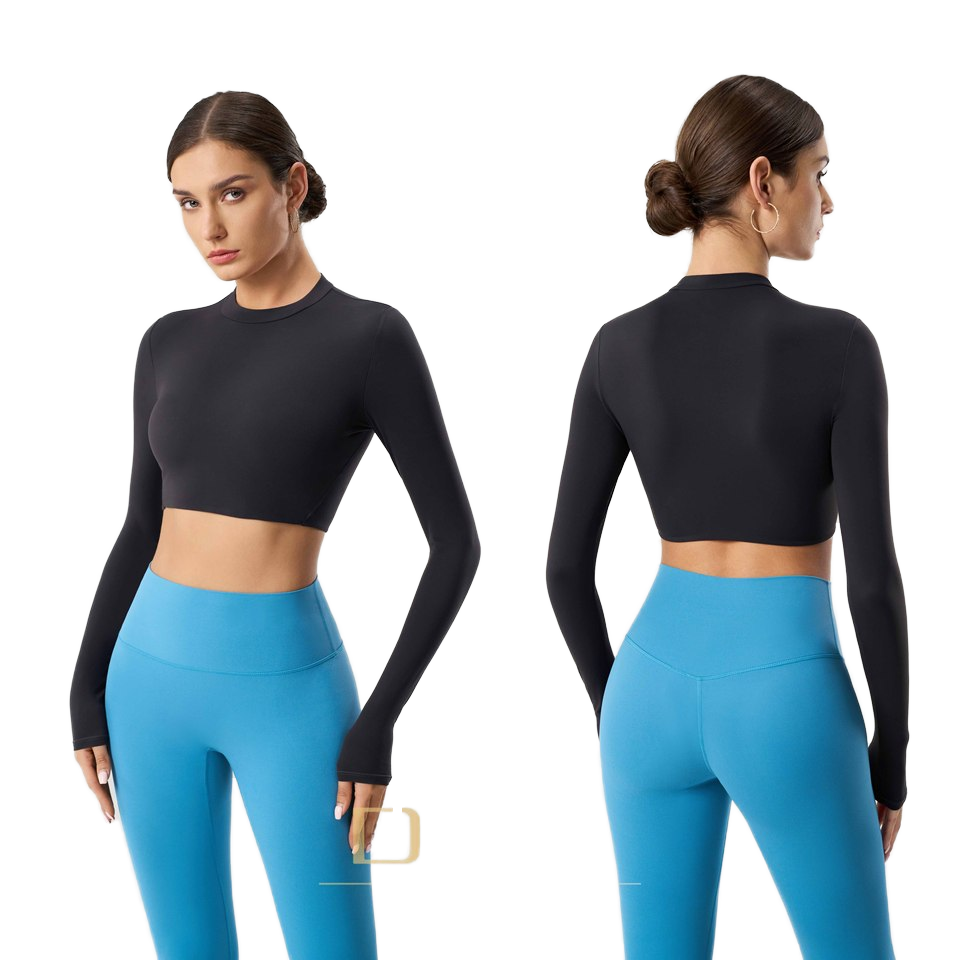 Elegant Women's Sportswear Yoga Top Long-Sleeved with Exposed Waist Nude-Felling Fitness T-Shirt with Bra Pads