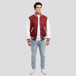 <b>Mens</b> Varsity <b>Jacket</b> Red <b>White</b> Custom Letterman Baseball Bomber College PU Leather Sleeves Front Logo Breathable OEM Manufacturer - Product Image 1