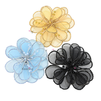 Applique en dentelle brodée en organza, 14 cm, à coudre, motif fleur 3D perlée, doré et noir, en feutre non tissé et cristaux