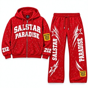 Premium Custom 2 Piece Tracksuit Set for Men <b>Red</b> Streetwear <b>Hoodie</b> Custom Rhinestone Printed Sportswear Tracksuit Manufacturers - Product Image 1