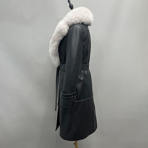 Manteau en cuir matelassé mi-long pour femme avec col en fourrure de <span class=keywords><strong>renard</strong></span> et ceinture, idéal pour l'automne et l'hiver - Vente en gros Jancoco - Product Image 3