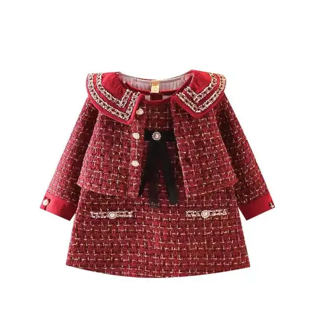 Winter New Year Red Christmas Cute Girl Outfit Baby Girl baby Long Sleeve Coat With Dresses Baby Clothes