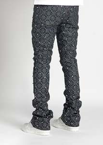 Coming Soon Jeans empilés pour hommes tricotés en coton bleu à pois ornés de diamants - Product Image 3