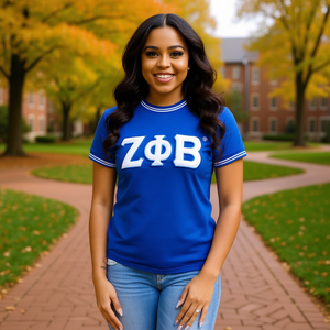 T-shirt pour femmes Zeta Phi Beta, bleu et blanc, en coton brodé, décontracté, vêtements de sororité grecque, design de logo personnalisé - Product Image 2
