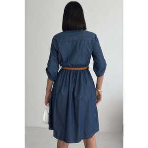 Vestido Camisero de Mezclilla con Cuello Camisero, Cintura Natural, Tejido Transpirable, Estilo Casual Diario - Product Image 5