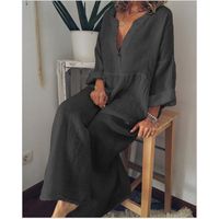 Robe longue maxi élégante pour femmes grandes tailles, col en V, manches longues, unie, coupe trapèze, style ample