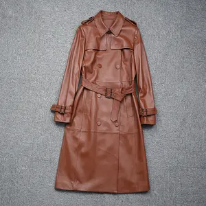 Glossy Women fashion beige faux PU leather trench long coat winter ladies windbreaker