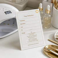 Cartes d'instructions d'utilisation personnalisées imprimées en couleur crème avec bordure dorée et étapes d'entretien pour les marques de produits pour les ongles et de beauté