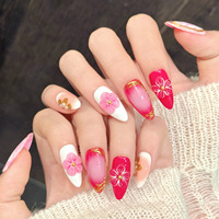 Design # 2923 Faux Ongles de Luxe Faits Main, 10 Pièces, Effet Dégradé 3D Rose Rouge Doré, à Presser, Réutilisables, Forme Amande Moyenne