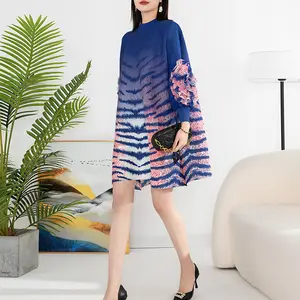Spring Casual Style Gradient Color Stripe And 3/4 Sleeve Long Flower Decoration Girls' Dresses