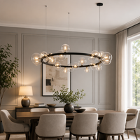 Lustre LED Transcendant Céleste à Anneaux, Grappe de Globes en Verre Noir Mat, Luminaire Architectural Moderne Sur Mesure, Œuvre d'Art Imposante