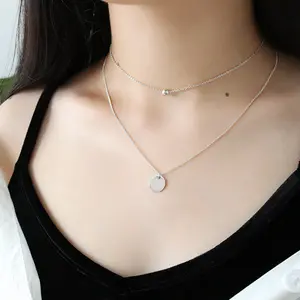 Dropshipping Jewelry Custom Sterling Silver Geometric Necklace Gold Ball Coin Double Chain Charm Pendant Necklace For Women