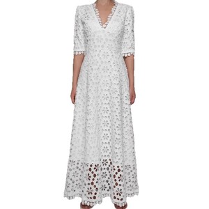 <b>White</b> <b>Lace</b> Maxi Dress V-Neck Floral Print Hollow Sheer Layer Evening Dress Natural Waistline Zipper Front - Product Image 5