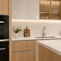 Carpenterie de cuisine sur mesure avec finitions en grain de bois et en couleur unie pour les projets de développement immobilier en Australie