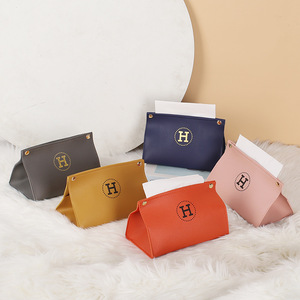 Boîte à mouchoirs en cuir de marque H, portable, multi-usages, pour la maison et la voiture, couleurs orange et beige - Product Image 1