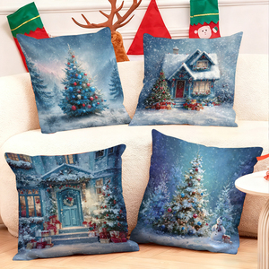 Bantal dekoratif bertema Natal yang menampilkan pemandangan bersalju dengan pohon-pohon yang dihias dan rumah-rumah yang nyaman untuk dekorasi rumah yang meriah. - Product Image 1