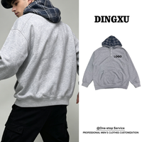 Sweat-shirt en coton molletonné gris chiné pour homme avec logo personnalisé, doublure à carreaux, col Henley à boutons-pression et poche kangourou