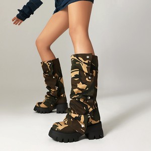 Women Platform Fold Over Boots Chunky Heel Round Toe Western <b>Pull</b> on Fashion Mid-Calf <b>Light</b> Height Increasing Solid - Product Image 5