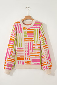 Dear-Lover Maglione da Donna all'Ingrosso con Motivo a Rose e Linee, Collo Tondo e Maniche a Sbuffo - Product Image 5