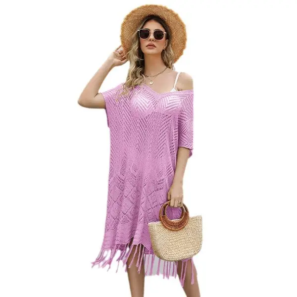 Women's summer casual loose solid color hollow V-neck short-sleeved crocheted fringed knitted midi dress seaside beach cover-up