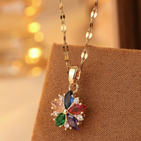 Kalung Emas Chic Radiant dengan Liontin Bunga Marquise Multiwarna, Zirkonia Kubik, Rantai Oval Prong Link, Batu Permata Potongan, Perhiasan Wanita, Hadiah