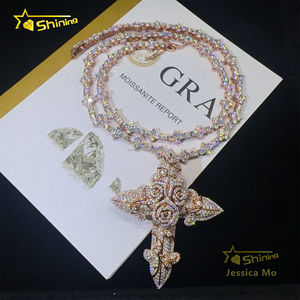 대량 재고 힙합 세련된 래퍼 쥬얼리 D VVS1 Moissanite 다이아몬드 S925 실버 로즈 골드 아이스 아웃 남자 장미 꽃 크로스 펜던트 - Product Image 6