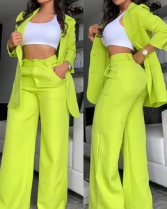 Ensemble <span class=keywords><strong>tailleur</strong></span> élégant pour femmes européennes et américaines, couleur unie, manches ouvertes, col à revers, <span class=keywords><strong>pantalon</strong></span> droit, nouveau design - Product Image 4