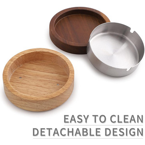 Cendrier en bois rond de 10 cm avec revêtement intérieur en acier inoxydable et couvercle pour la maison ou le bureau, design minimaliste - Product Image 4