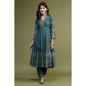 Conjunto de Kurta Anarkali con Bordado en Color Verde para Mujer, Pantalón y Kurta Larga con Estampado Étnico Tradicional Indio, Kurtis de Rayón de Secado Rápido - Product Image 1