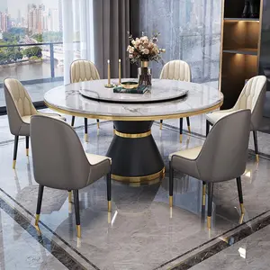 Tavolo da pranzo rotondo moderno in pietra di marmo per uso domestico all'ingrosso in fabbrica set 6 sedie set di mobili in metallo semplice con bordo in roccia moderno