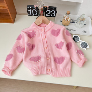 Child Star Circle Girls Wool Cardigan Pink Heart Pattern Warm Spring Autumn Sweater Full Sleeve Single Breasted - Product Image 2