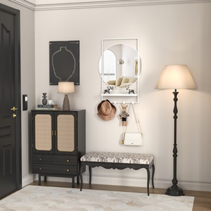 Beautme tường gương với kệ, 20 "x 28" đen kim loại khung phòng tắm gương với lưu trữ lối vào gương với móc Trắng - Product Image 2