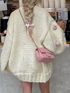 <span class=keywords><strong>เสื้อ</strong></span>สเวตเตอร์ถักไหมพรมแขนยาวทรงหลวมสไตล์สตรีทแฟชั่นสำหรับฤดูใบไม้ร่วง ตกแต่งด้วยดอกกุหลาบ - Product Image 6