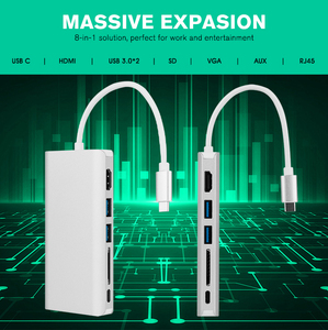 Máy tính xách tay Docking Station 8 trong 1 <span class=keywords><strong>USB</strong></span> <span class=keywords><strong>HUB</strong></span> Loại C <span class=keywords><strong>HUB</strong></span> với SD VGA PD 100W sạc <span class=keywords><strong>USB</strong></span> 3.0 <span class=keywords><strong>HUB</strong></span> - Product Image 2