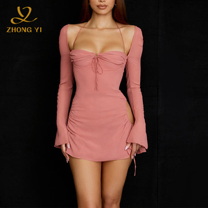 2024 nouvelles femmes chaudes Mini <span class=keywords><strong>jupe</strong></span> courte taille haute couleur unie automne à manches longues fête moulante Sexy robes - Product Image 1