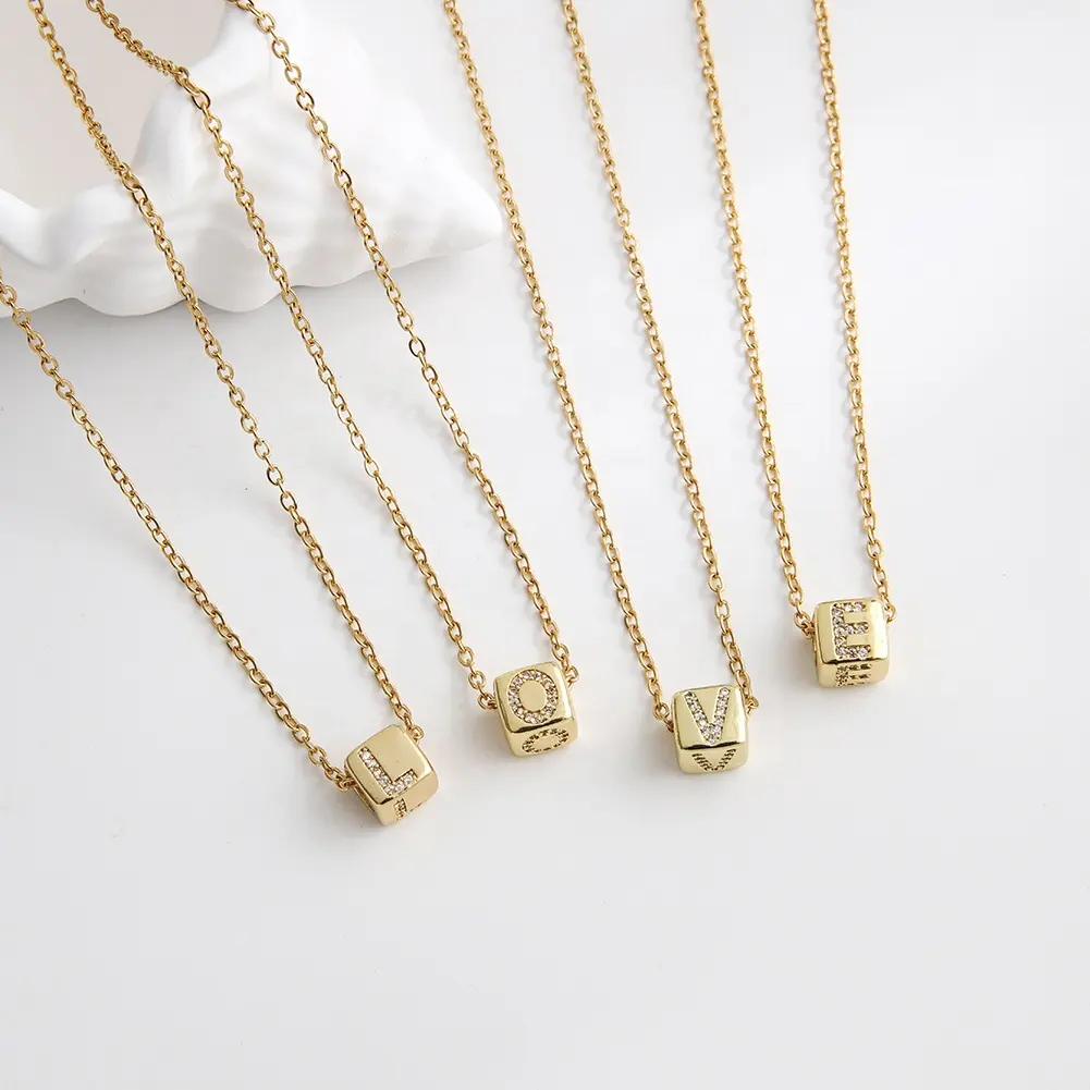 18K Gold Plated CZ Dice Choker Stainless Steel Chain Women's Necklace Square A-Z 26 Letter Pendant Gold Plated Jewelry