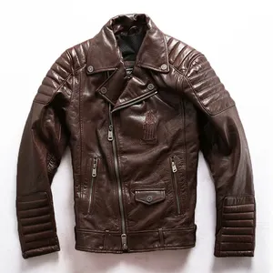 Куртка мужская Байкерская из натуральной кожи, мотоциклетная кожаная куртка с лацканами и скошенной молнией, растительного дубления, продажа с фабрики