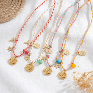 Collares de Hilo Trenzado Ajustables Hechos a Mano con Baño de Oro Resoul para Mujer, Gargantilla con Cruz, Rosas, Estrellas <span class=keywords><strong>y</strong></span> Cuentas - Product Image 1