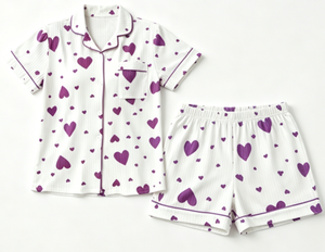 Conjunto de Pijamas de Satén de Manga Corta con Cuello en V y Estampado de Corazones, Transpirable, de Lujo, Personalizado, ODM, de Alta Calidad, con Cintura Elástica, para el Hogar - Product Image 4