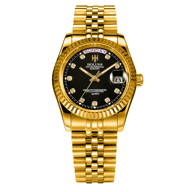 HOLUNS HLS001 Men Watches Luxury Top Brand Gold Diamond Role Quartz Stainless Steel Calendar Relogio Masculino Wrist Watch Clock
