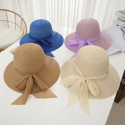 Summer Outdoors Travelling Sun Hats Ladies Paper Bucket Hats Wide Brim Beach Straw Hats With Plain Coloured Ribbon
